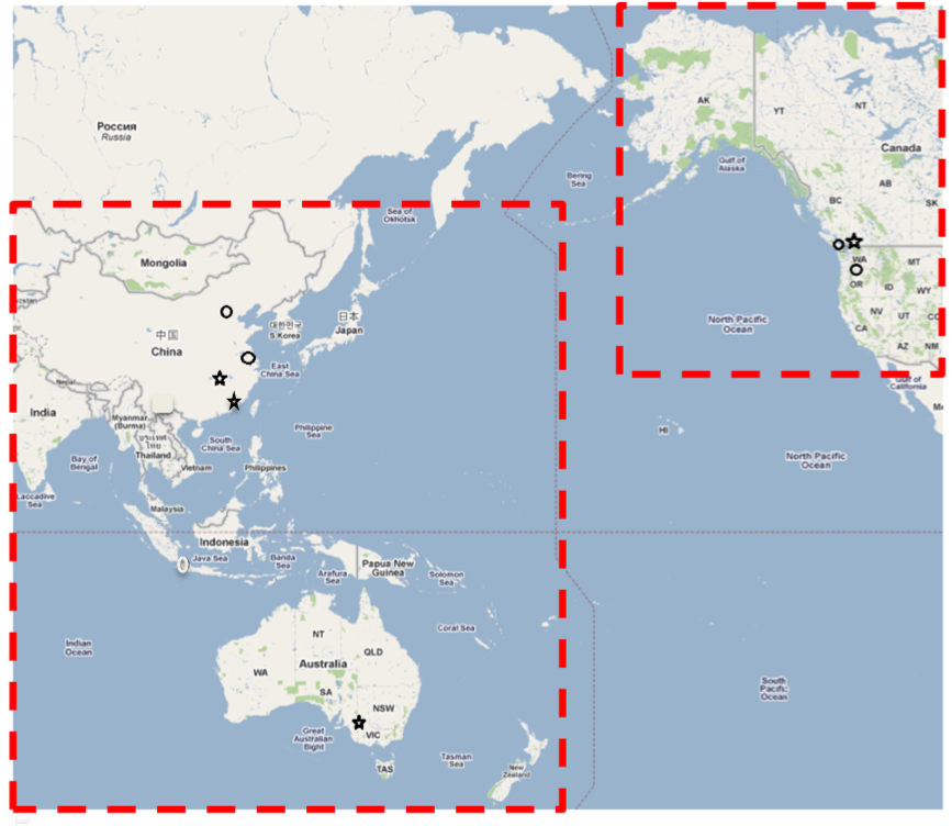 Map of the study area with location of the sites with red coral (red